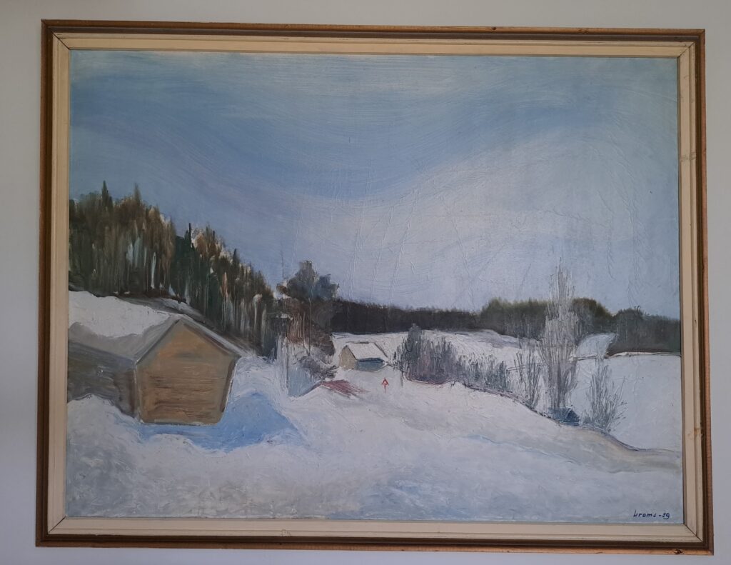 Arvid Bromsin maalaama öljyväritaulu talvinen peltomaisema