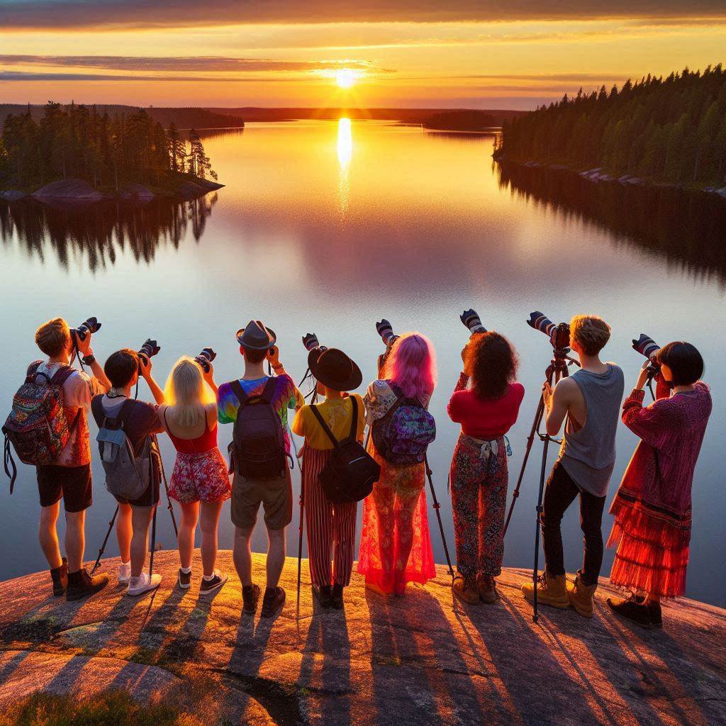 Tekoälyn luoma kuva nuorista, jotka kuvaavat auringonlaskua järven rannassa.